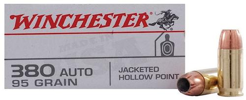 Winchester USA Pistol Ammuntion USA380JHP, 380 ACP, Jacketed Hollow Point (JHP), 95 GR, 955 fps, 50 Rd/bx