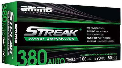 Ammo Inc Streak Visual (GREEN) Self Defense Pistol Ammunition 380100TMCSTRKGRN50, 380 ACP, Total Metal Case, 100  GR, 890  fps, 50 Rd/bx
