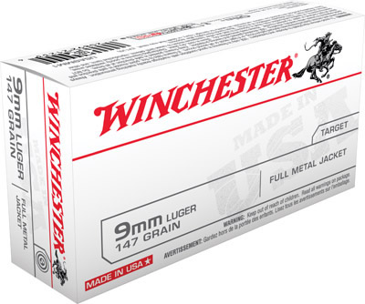 Winchester USA Pistol Ammunition USA9MM1, 9mm, Truncated Cone Full Metal Case (FMJ), 147 GR, 990 fps, 50 Rd/bx