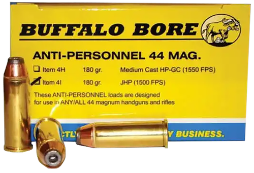 Buffalo Bore Handgun Anti-Personnel Handgun Ammunition 4I/20, 44 Magnum, Jacketed Hollow Point (JHP), 180 GR, 1500 fps, 20 Rd/Bx