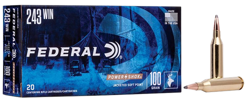 Federal Premium Power Shok Rifle Ammunition 243B, 243 Winchester, Soft Point (SP), 100 GR, 2960 fps, 20 Rd/bx