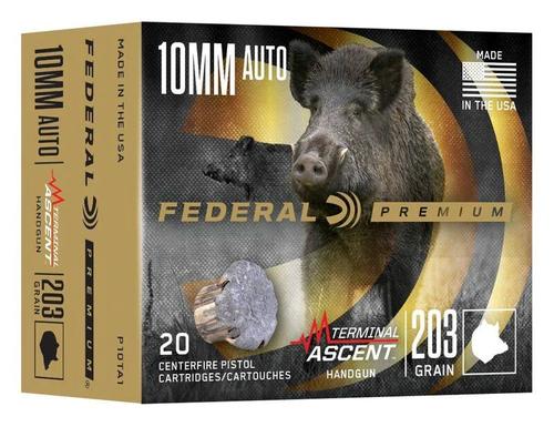 Federal Premium Terminal Ascent Pistol Ammunition, 10mm, Terminal Ascent Jacketed Hollow Point, 203 GR, 1130 FPS, 20 Rd/bx
