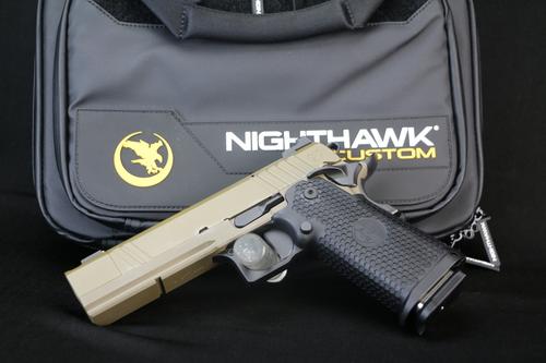 Nighthawk Custom Sand Hawk Comp Double Stack Pistol, 9MM, 5", Black Grips, Sandhawk Tan Finish, Single Port Comp, Optic Ready, 19 Rds