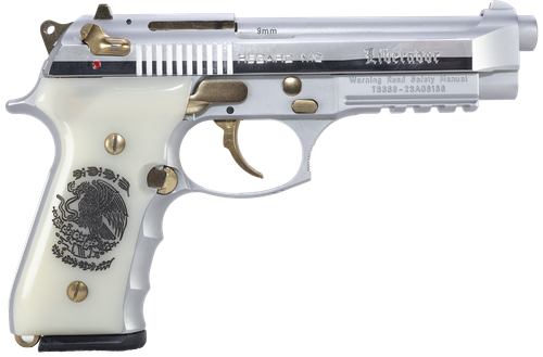 EAA Regard Liberador II Pistol 391089, 9mm Luger, 4.90in, Pearl Like w/Mexican Coat Of Arms, Chrome w/Gold Controls Finish, 18 Rds