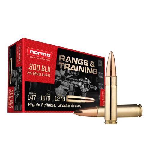 Norma Range & Training Rifle Ammunition, 300 Blackout, FMJ, 147 gr, 1979 fps, 20 Rd/Bx