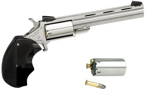 North American Mini-Master Revolver, 22 LR | 22 Magnum (WMR), 4", Black Rubber Grips, Stainless Finish
