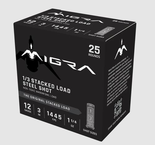 Migra Custom Waterfowl Shotshells, 12 Gauge, 3", 1 1/4oz, #1/3 Shot, 1445 fps, 25 Rds/Bx