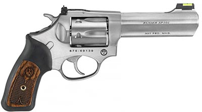 Ruger SP101 Revolver 5773, 327 Fed Magnum, 4.2 in, Black Rubber w/Engraved Wood Grip, Satin Stainless Finish, 6 Rd