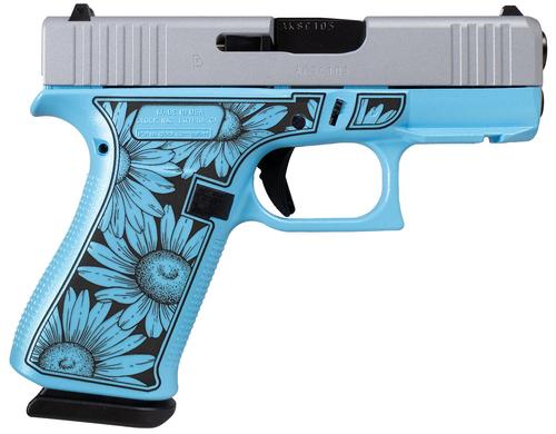 Glock G43X FR Miss Daisy Pistol UX4350204FRDAISYBLUE, 9mm, 3.41in, Blue Cerakote Polymer Frame w/Black Daisy Laser Engraving Grips, Blue Cerakote Finish, 10 Rds