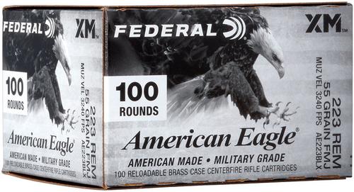 Federal American Eagle Rifle Ammunition AE223BLX, 223 Remingtonm, Full Metal Jacket Boat Tail (FMJBT), 55 gr, 3240 fPs, 100 Rd/Bx
