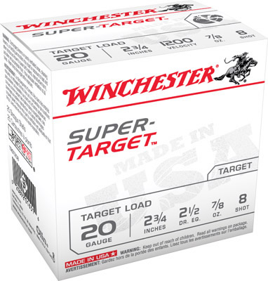 Winchester Super Target Shotshells TRGT208, 20 Gauge, 2-3/4", 7/8 oz, 1200 fps, #8 Lead Shot, 25 Rds/Bx