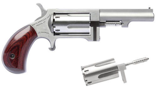 North American Sindwinder Conversion Single Action Revolver SWC250, 22 Winchester Magnum Rimfire (WMR), 2.5", Rosewood Grips, Stainless Finish, 5 Rds