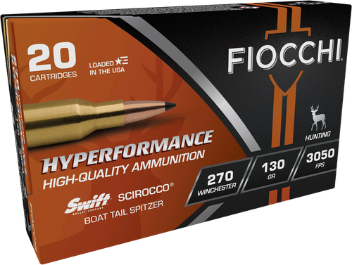 Fiocchi Hyperformance Rifle Ammunition 270SCA, 270 Win, Swift Scirocco II Bonded, 130 gr, 3050 fps, 20 Rd/Bx