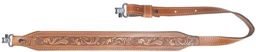 AA&E Leathercraft Long Taper Leather Gunsling w/Metal Swivels, Brown Embossed Deer Heads (8502061S210)