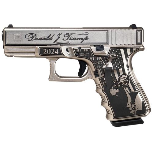Glock 19 Gen3 Custom Trump FIGHT/Never Surrender Pistol GLUI1950203TF19, 9mm, 4.01", Polymer Frame, Silver Cerakote Finish, 15 Rds