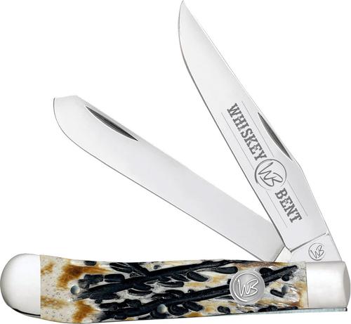 Whiskey Bent Knives Trapper Knife w/Clip Point & Spey Blade, Carved Burnt Bone Handle (WB11-16)