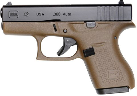 Glock 42 Slimline Subcompact Pistol UI4250201DE, 380 ACP, 3.25 in, FDE Polymer Grip, Gas Nitride Black Finish, 6 Rd