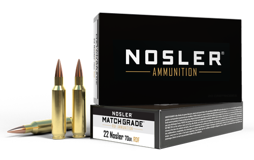 Nosler Match Grade Rifle Ammunition 60124, 22 Nosler, Hollow Point Boat Tail, 70 gr, 3000 fps, 20 Rd/Bx