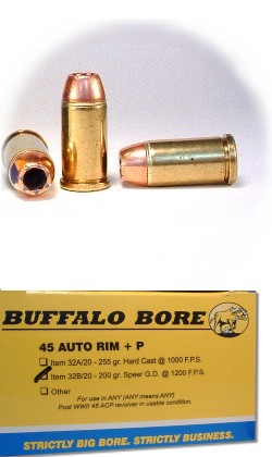 Buffalo Bore Handgun Ammunition 32B/20, 45 Auto Rim +P, Jacketed Hollow Point (JHP), 200 GR, 1200 fps, 20 Rd/Bx