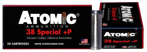 Atomic Pistol Ammunition 00419, 38 Special +P, Lead Hollow Point, 148 gr, 1000 fps, 50 Rd/Bx