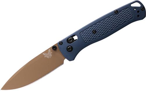 Benchmade Bugout w/FDE Cerakote Stainless Steel, Plain Edge Drop Point Blade, Blue Handle (535FE-05)