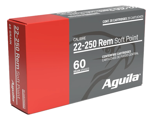 Aguila Rifle Ammunition 8338AG, 22-250 Rem, InterLock Boat Tail Soft Point, 60 gr, 3240 fps, 20 Rd/Bx