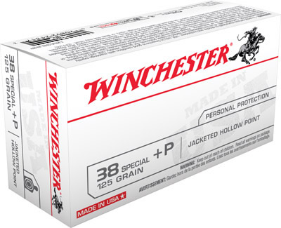 Winchester USA Pistol Ammunition USA38JHP, 38 Special +P, Jacketed Hollow Point (JHP), 125 GR, 945 fps, 50 Rd/bx