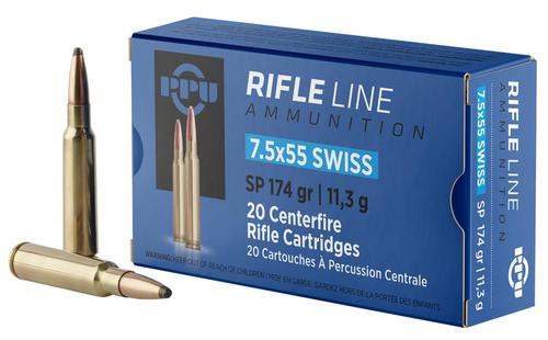Prvi Partizan Rifle Ammunition PP7SS, 7.5x55mm Swiss, Soft Point, 174 gr, 2525 fps, 20 Rd/Bx
