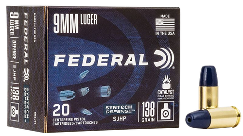 Federal American Eagle Syntech Defense Pistol Ammunition S9SJT1, 9mm Luger, Segmented JHP, 138 GR, 1050 fps, 20 Rd/Bx