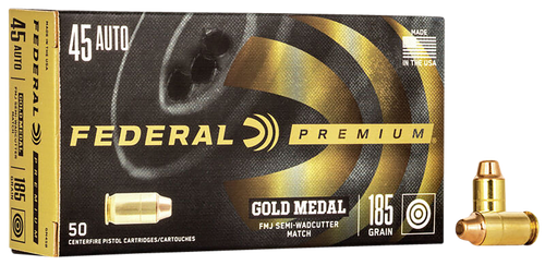 Federal Premium Gold Medal Pistol Ammunition GM45B, 45 ACP, Full Metal Jacket Semi Wadcutter, 185 GR, 780 fps, 50 Rd/bx