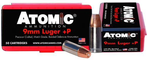 Atomic Pistol Ammunition 00409, 9mm +P, Bonded Mathc HP, 124 GR, 1300 fps, 50 Rds/Bx