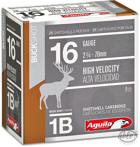 Aguila High Velocity Bukcshot Shotshells 1C1601BA, 16 Gauge, 2-3/4", 1-1/8 oz, #1 Buck, 1250 fps, 25 Rds/Bx