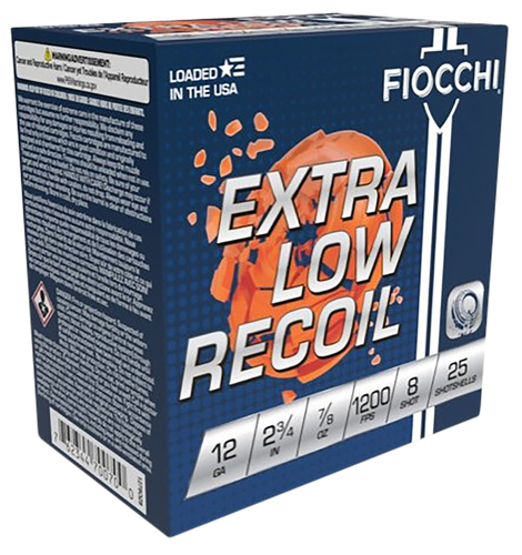 Fiocchi Extra Low Recoil Trainer 1278OZ8, 12 Gauge, 2-3/4", 7/8 oz, 1200 fps, #8 Lead Shot, 25 Rds/Bx