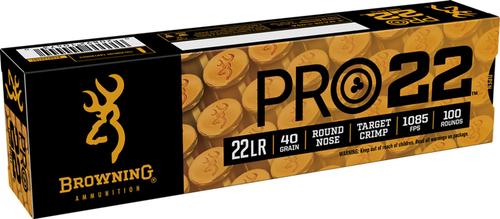 Browning Pro22 Rimfire Ammunition B194122101, 22 LR, Lead Round Nose, 40 gr, 1085 fps, 100 Rds/Bx