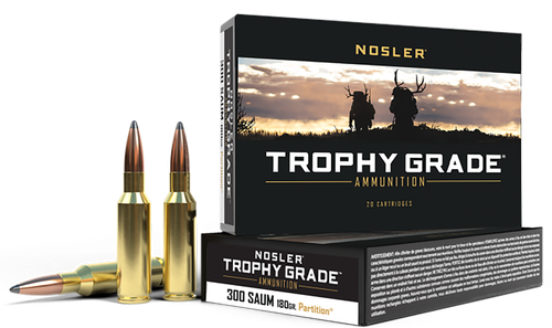 Nosler Trophy Grade Rifle Ammunition 60062, 300 Remington SAUM, Partition, 180 GR, 2900 fps, 20 Rd/bx