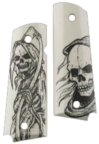 Hogue 1911 Government Model Grip Panels Ivory w/Grim Reaper Bust & Body (45026)