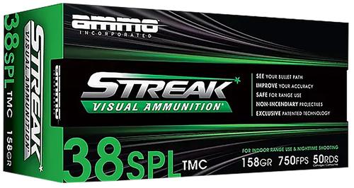 Ammo Inc Streak Visual (GREEN) Pistol Ammunition 38158TMCSTRKGRN50, 38 Special, Total Metal Case, 158  GR, 750  fps, 50 Rd/bx