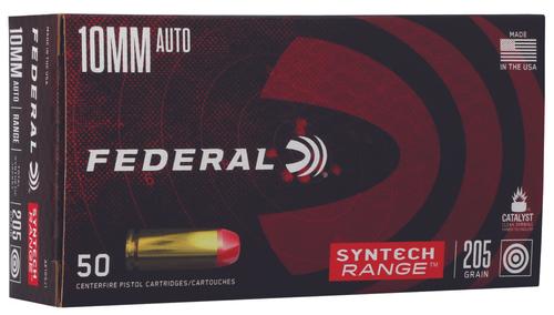 Federal Syntech Pistol Ammunition AE10SJ1, 10mm Auto, Total Syntech Jacket Flat Nose, 205 gr, 1150 fps, 50 Rd/Bx