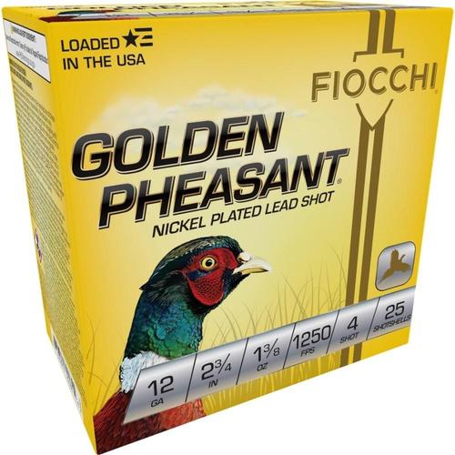 Fiocchi Golden Pheasant 12GP4, 12 Gauge, 2-3/4", 1-3/8 oz, 1250 fps, #4 Nickel-Plated Lead Shot, 25 Rds/Bx