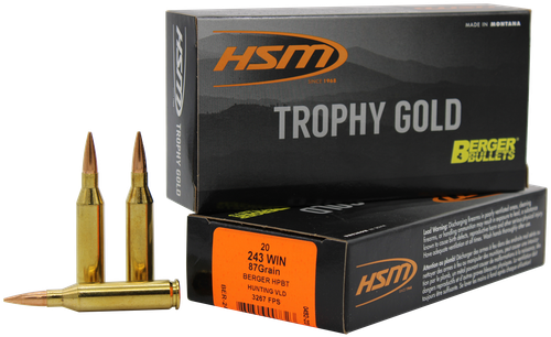 HSM Trophy Gold Rifle Ammunition 24387VLD, 243 Winchester, Berger Hunting VLD, 87 GR, 3267fps, 20 Rd/Bx
