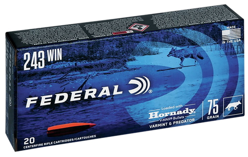 Federal Varmint & Predator Rifle Ammunition V243VM75, 243 Winchester, V-Max, 75 GR, 20 Rd/bx