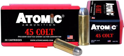 Atomic Pistol Ammunition 00434, 45 Colt, Lead Round Nose, 200 GR, 800 fps, 50 Rds/Bx