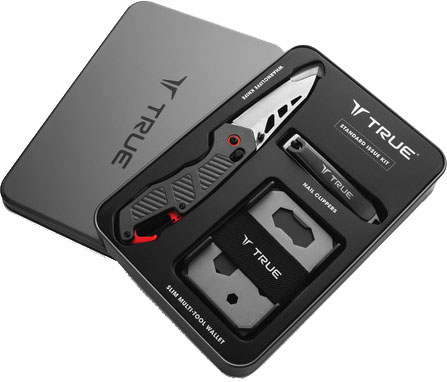 TRUE Standard Issue Kit Nail Clippers, Wharncliffe Knife, and Multi-Tool Wallet Packaged in Gift Tin