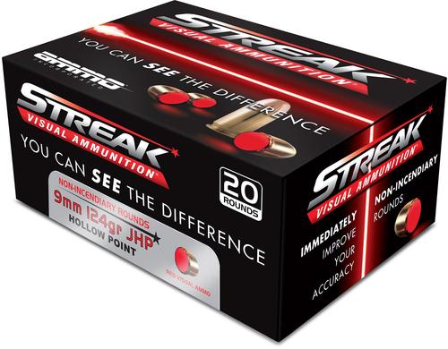 Ammo Inc Streak Visual (RED) Self Defense Pistol Ammunition 9124JHPSTRKRED, 9mm Luger, Jacketed Hollow Point (JHP), 124  GR, 1120  fps, 20 Rd/bx