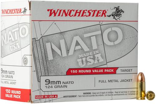 Winchester USA Pistol Ammunition USA9NATO, 9mm NATO, Full Metal Jacket (FMJ), 124 GR, 1140 fps, 150 Rd/bx