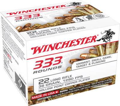 Winchester Rimfire Ammunition 22LR333HP, 22 LR, Copper Plated HP, 36 GR, 1280 fps, 333 Rds
