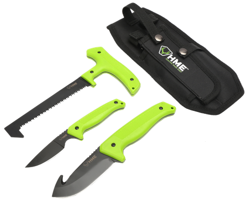 HME 3-Piece Fixed Blade Field Kit Saw/Caper/Skinner w/Gut Hook w/Green Handles