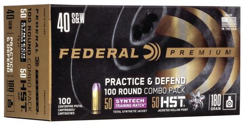 Federal Practice & Defend Pistol Ammunition P40HST1TM100, 40 S&W, HST/Synthetic, 180 gr, 1010 fps, 100 Rd/Bx