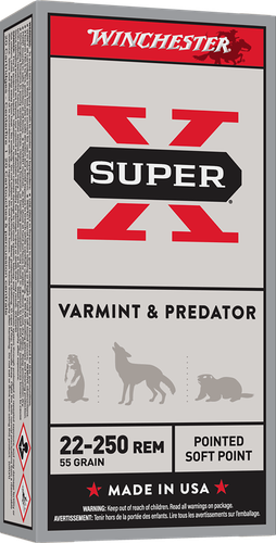 Winchester Super-X Rifle Ammunition X222501, 22-250 Remington, Pointed Soft Point (SP), 55 GR, 3680 fps, 20 Rd/bx