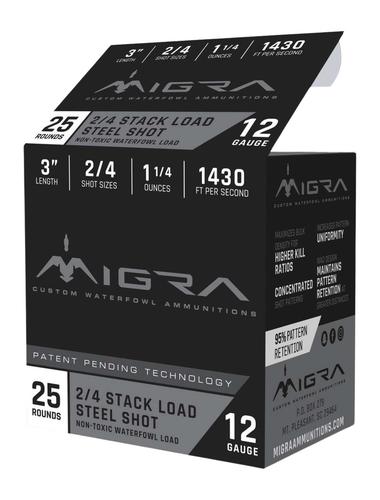 Migra Custon Waterfowl Shotshells 12Gauge, 3", 1 1/4oz, 2/4Shot, 25 Per Box